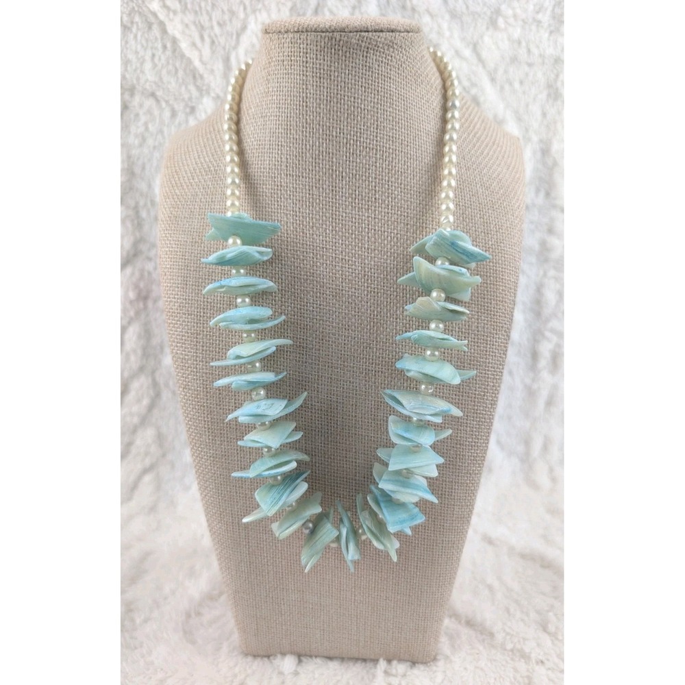 Aqua Blue Shell & Faux Pearl Statement Necklace Coastal Beach Boho Jewelry